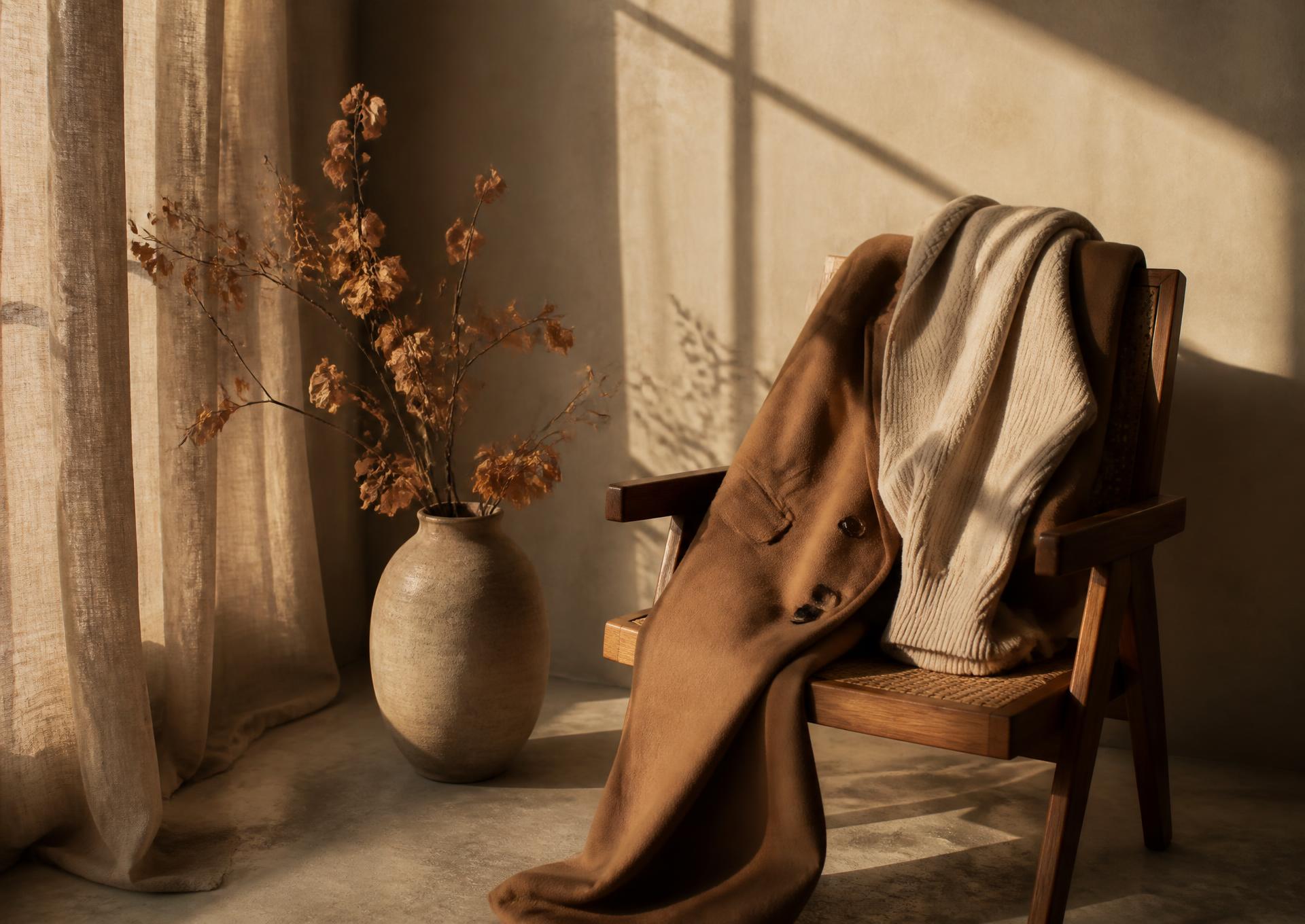 Camel wool coat and cream knit sweater draped over a wooden chair in warm autumn light